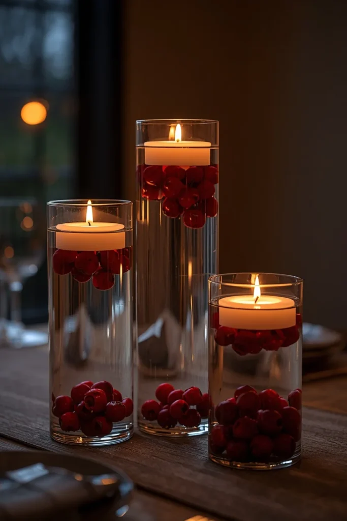 21 Fall Centerpiece Ideas That Take Minutes to Put Together (Easy + Budget-Friendly) 3 dinner table centerpiece, featuring three glass cylinder vases of varying heights filled with water,