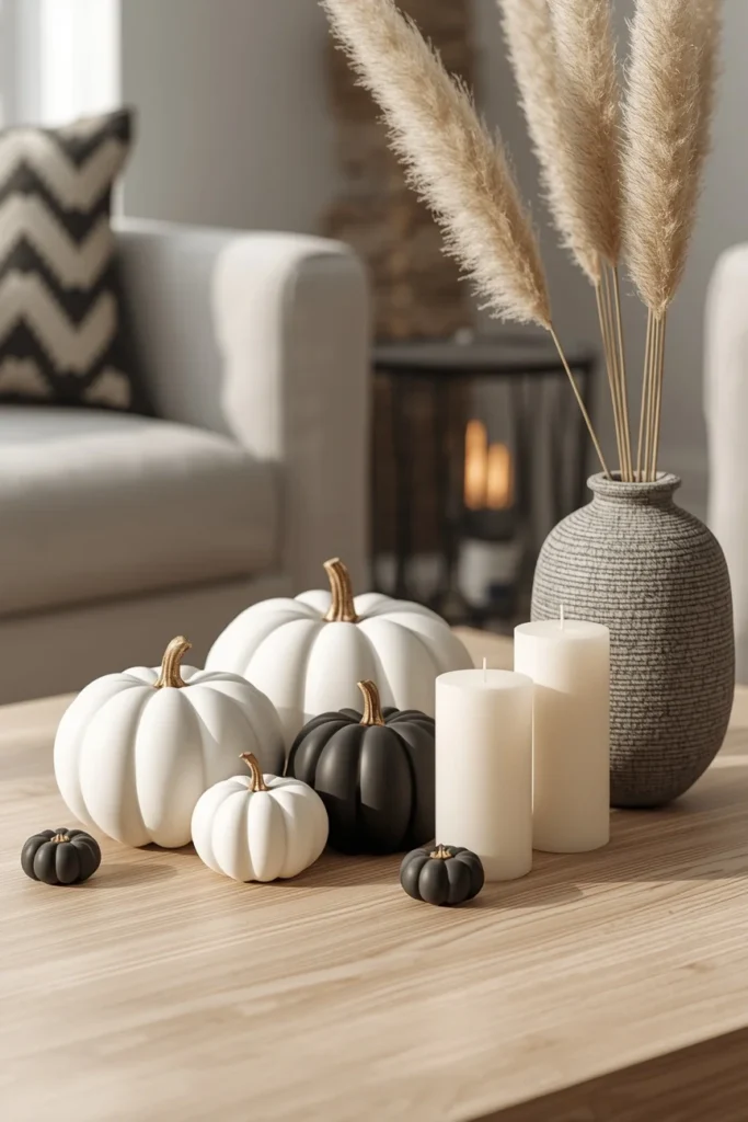 20 Fall Coffee Table Decor Ideas to Steal This Season 3 living room, featuring a mix of matte white and black ceramic pumpkins