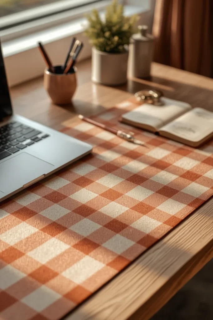 desk decor, featuring a soft rust and cream plaid desk mat 