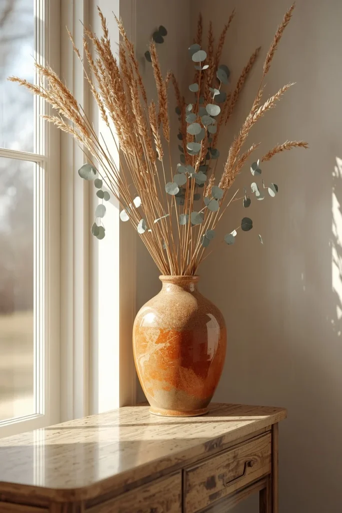 16 Fall Entry Table Decor Ideas That Wow Guests Instantly-Cozy Autumn Entryway Styling 3 entryway console table, featuring a tall stoneware vase filled with dried eucalyptus
