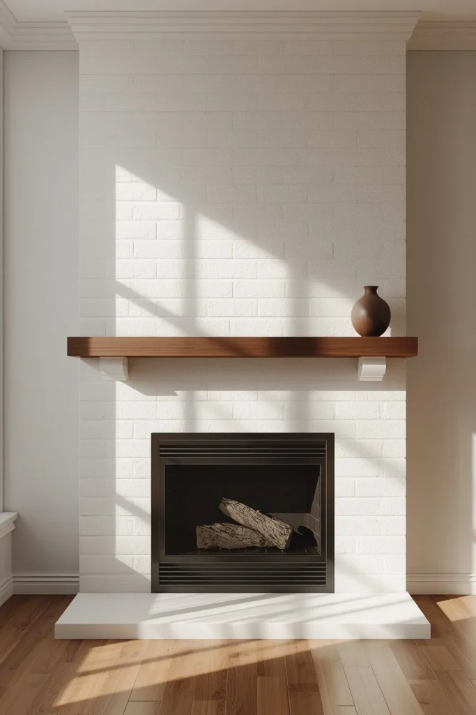 living room fireplace, featuring a dark walnut wood mantel set 