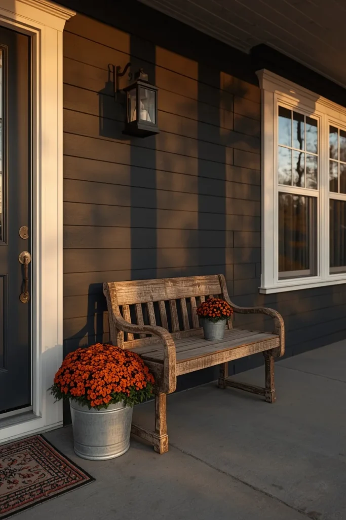  front porch with charcoal gray siding, featuring rust and orange mums 