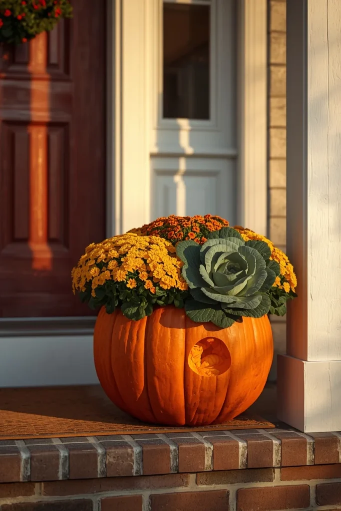 19 Fall Planter Ideas That Bring Instant Curb Appeal 3 front porch step, featuring a hollowed-out pumpkin planter filled with colorful mums