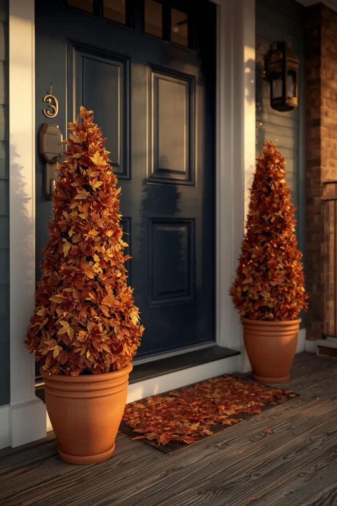 18 Fall Tree Ideas to Decorate Your Home Like a Magazine 3 front porch step, featuring a pair of cone-shaped topiary trees