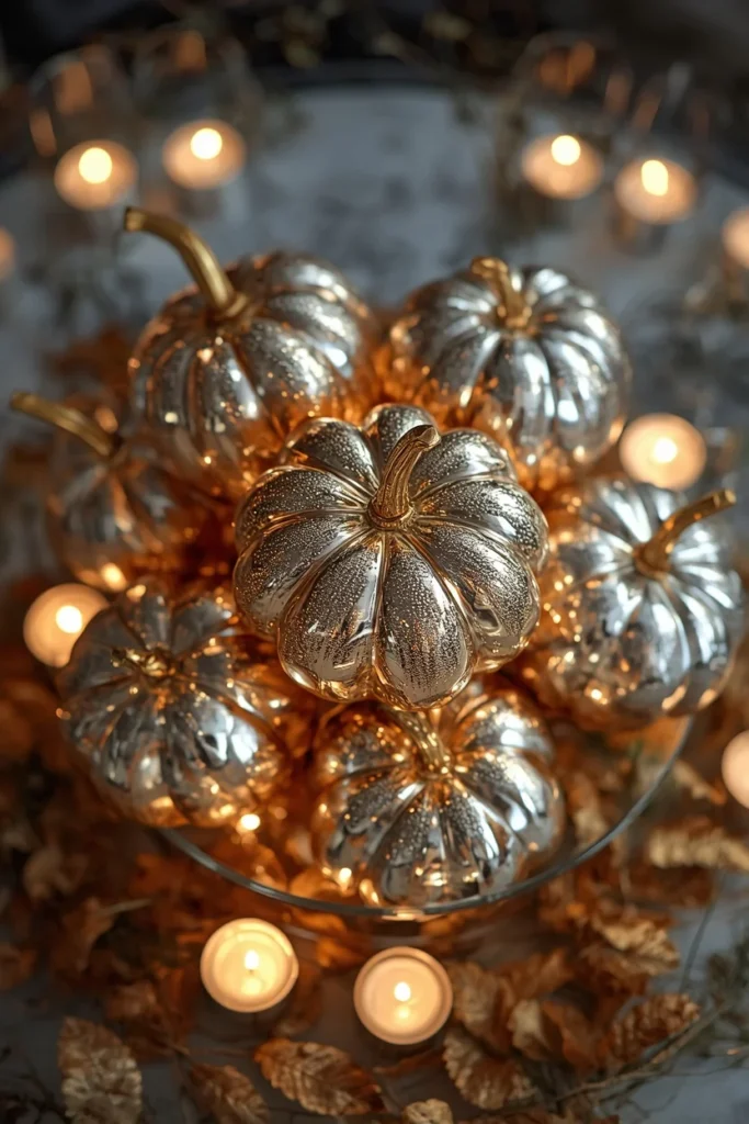centerpiece, featuring silver and gold mercury glass pumpkins clustered 
