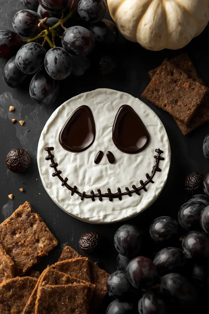 Halloween charcuterie board, featuring a round white brie wheel hand-drawn with a Jack Skellington face