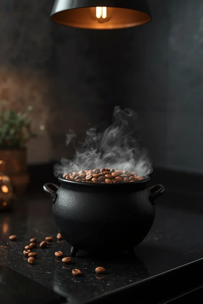  kitchen counter close-up, featuring a small black cauldron overflowing with colorful coffee pods,