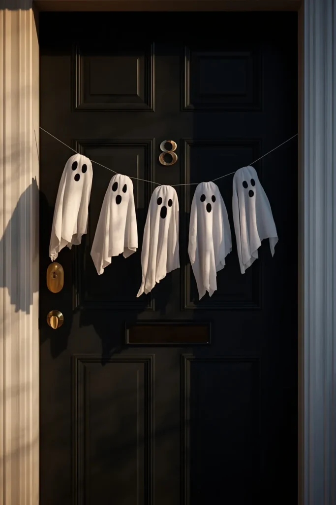  front door decorated for Halloween, featuring five white fabric ghost cutouts