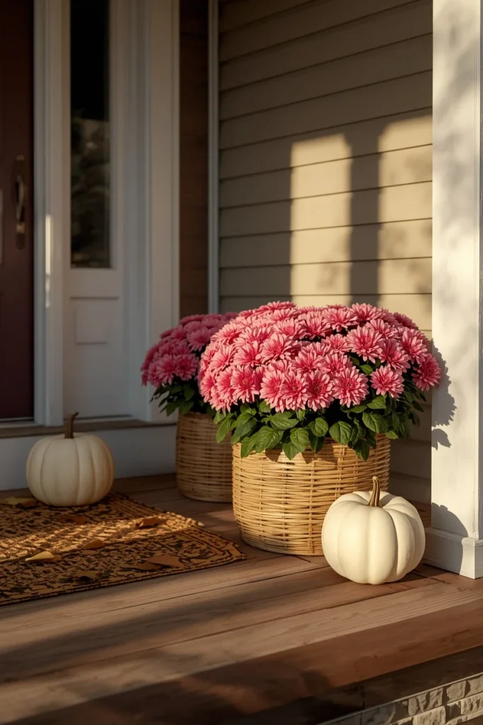 15 Pink Fall Decor Ideas for a Softer Take on Autumn 3 front porch, featuring potted pink chrysanthemums in rattan baskets grouped near the front steps,