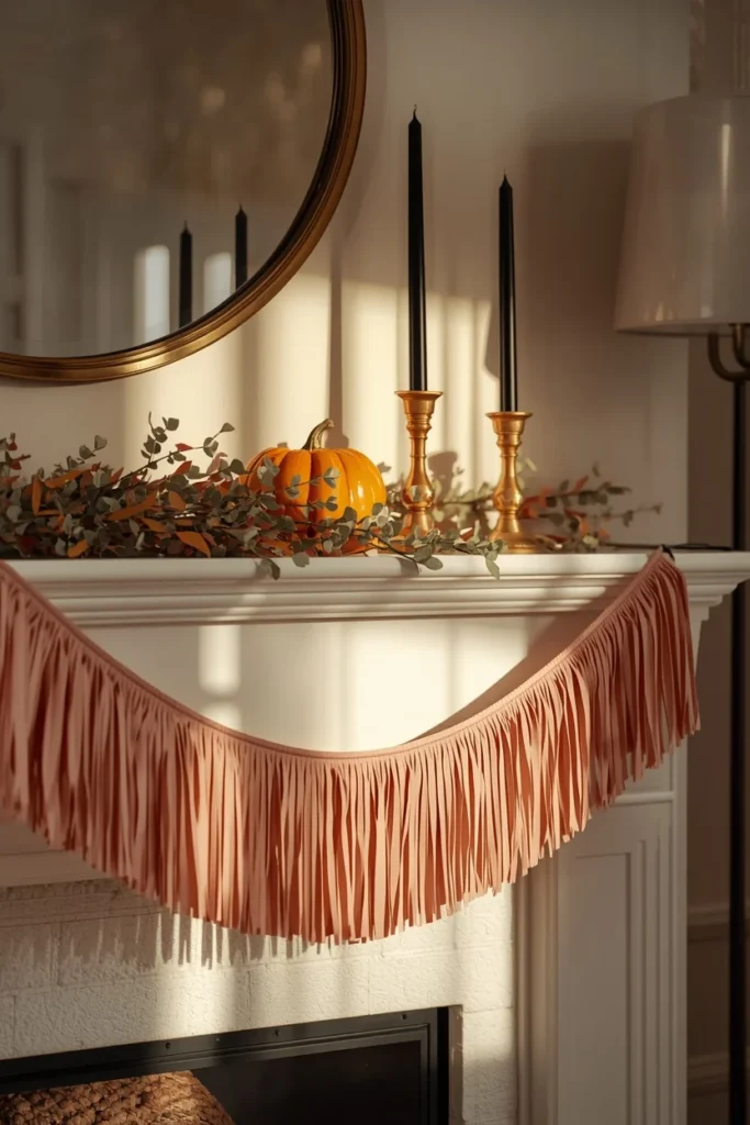  living room mantel, featuring a fringed graduated-pink paper garland