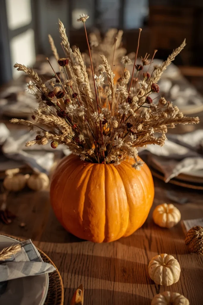 15 Pumpkin Floral Arrangement Ideas for Fall Tables That Feel Effortlessly Elegant 3 farmhouse dining table, featuring an orange pumpkin filled with loose wildflowers, dried wheat stalks