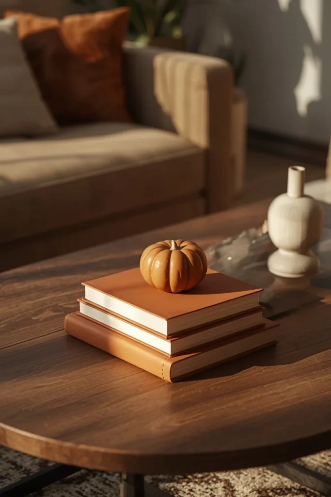  living room, featuring a round coffee table with an off-center stack