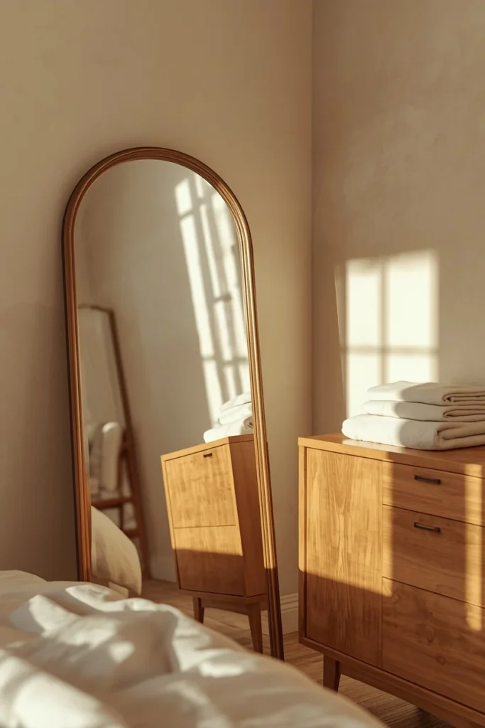  small bedroom corner, featuring a large arched floor-leaning mirror reflecting soft window light 
