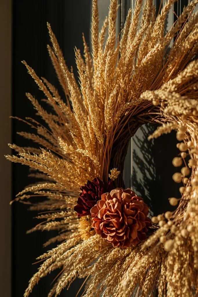  front door wreath close-up, featuring a sunburst-style wreath