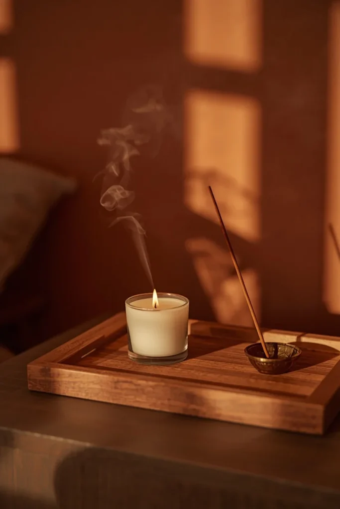 23 Afrobohemian Bedroom Ideas for Warm, Earthy, Soul-Filled Nights 21 bedroom nightstand close-up, featuring a small wooden tray