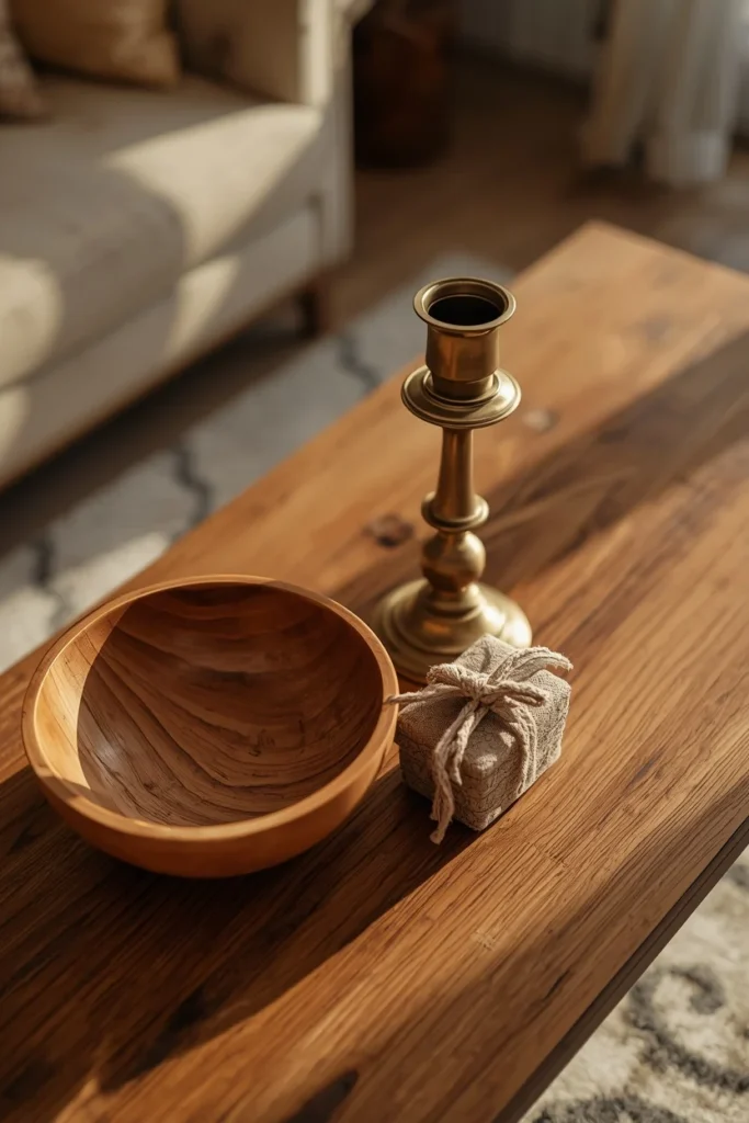  tabletop vignette close-up, featuring a carved wooden bowl, an antique brass candlestick,