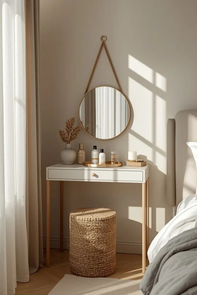 22 Beautiful Bedroom Ideas That Turn Your Room Into a Personal Sanctuary 21 bedroom corner, featuring a slim console vanity table with a round mirror