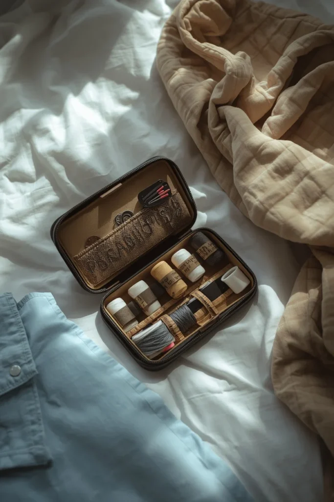 dorm room close-up, featuring a small travel sewing kit 