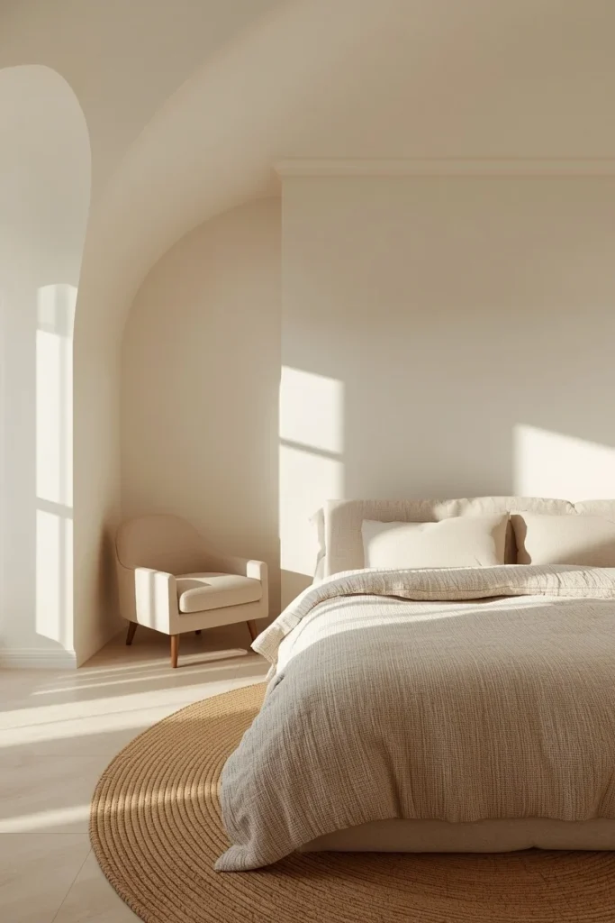  bedroom, featuring a warm cream ceiling flowing into matching ivory walls, boucle armchair in the corner