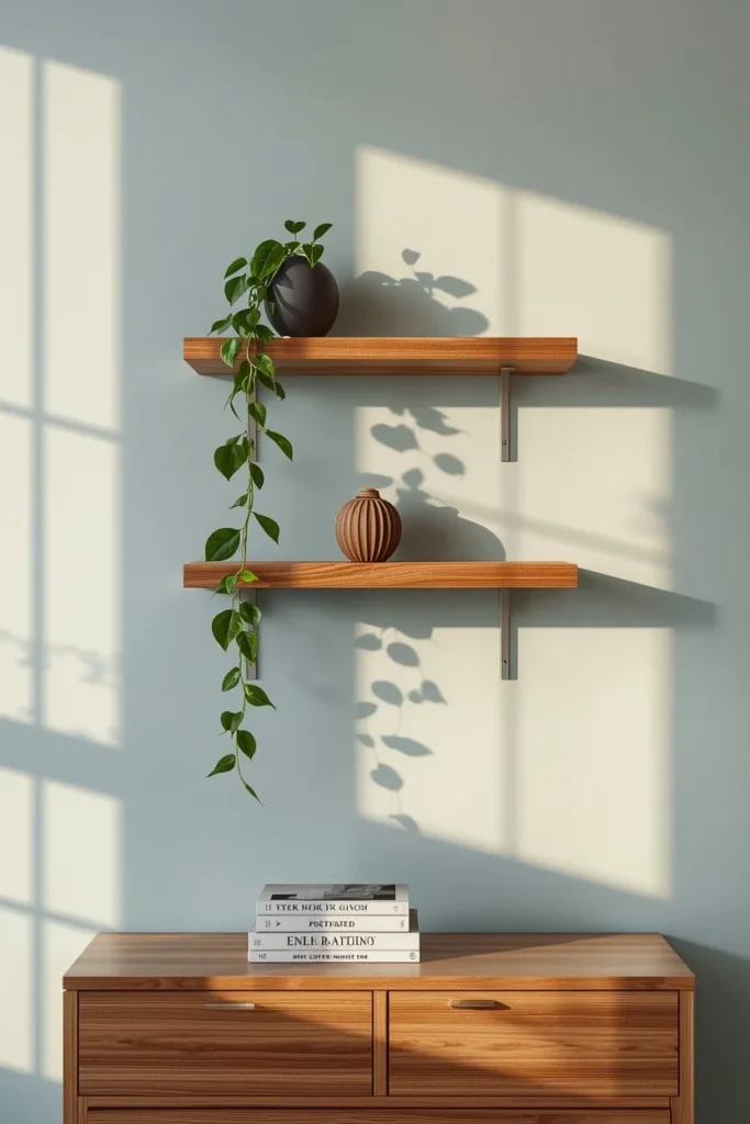  styling shot, featuring two floating wood shelves above a dresser, styled with a small trailing plant