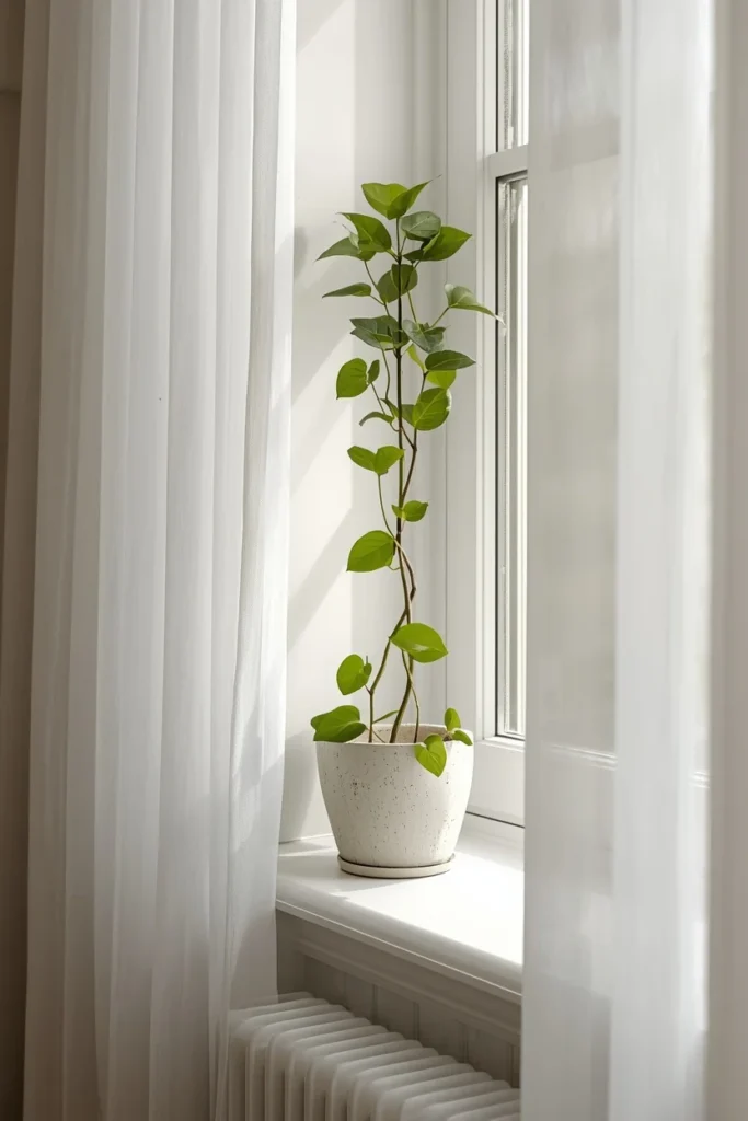 24 Cozy Bedroom Ideas That Make You Never Want to Leave Your Bed 21 bedroom windowsill close-up, featuring a trailing pothos plant