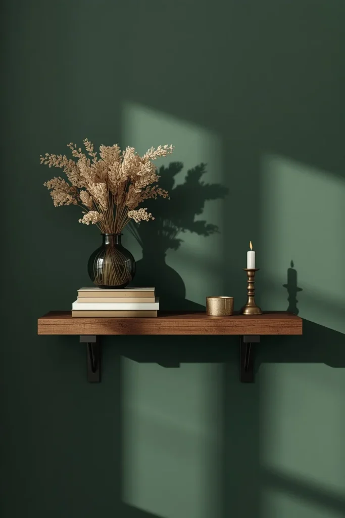  shelf styling, featuring a rustic dark wood floating shelf holding a small stack of books,