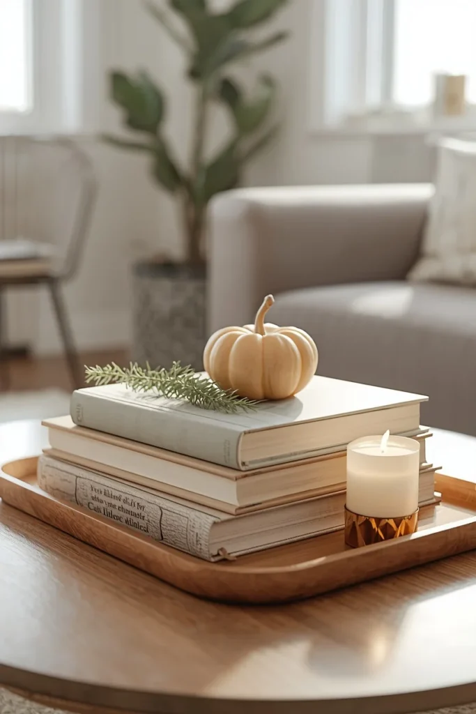 21 Fall Centerpiece Ideas That Take Minutes to Put Together (Easy + Budget-Friendly) 21 coffee table vignette, featuring a stack of neutral hardcover books topped with a small pumpkin