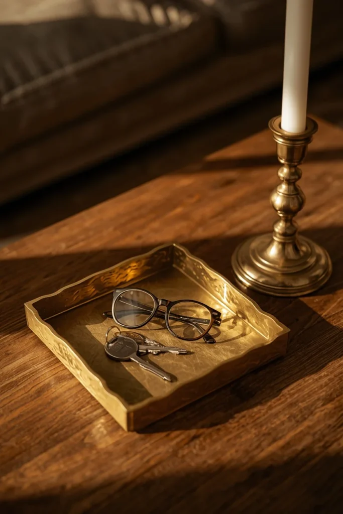 20 Fall Coffee Table Decor Ideas to Steal This Season 21 living room, featuring a small brass catchall tray holding keys and reading glasses