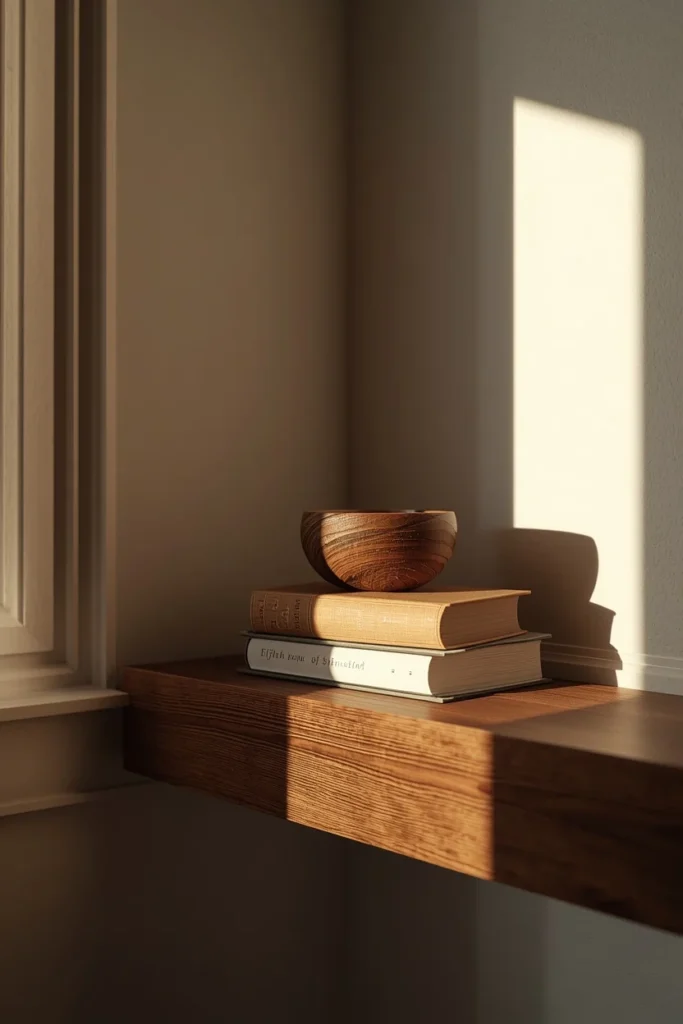fireplace mantel corner, featuring a stack of three hardcover books