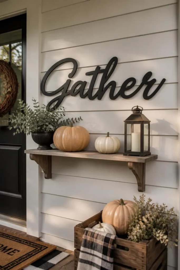  front porch wall, featuring a matte black metal sign 