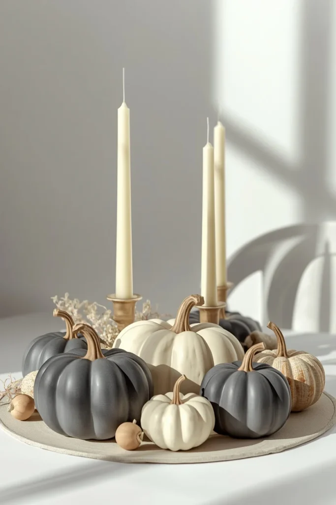 centerpiece, featuring ceramic pumpkins in charcoal gray 