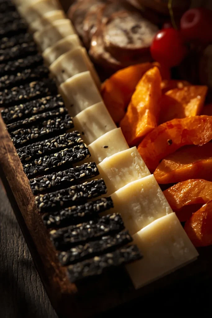 charcuterie board detail, featuring black sesame crackers lined along one edge like shingles