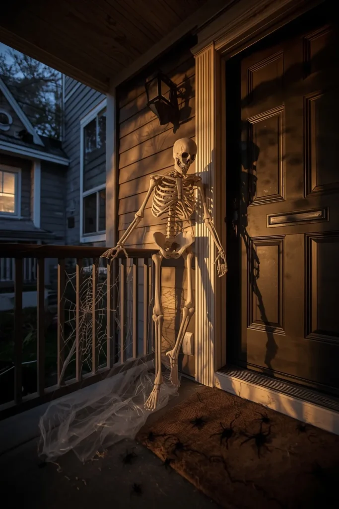  front porch Halloween display, featuring a full-size plastic skeleton