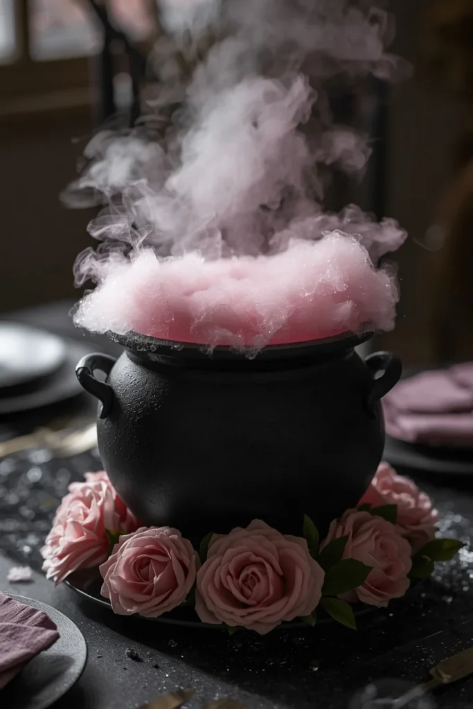 party table centerpiece, featuring a black cauldron filled with soft pink dry ice fog 