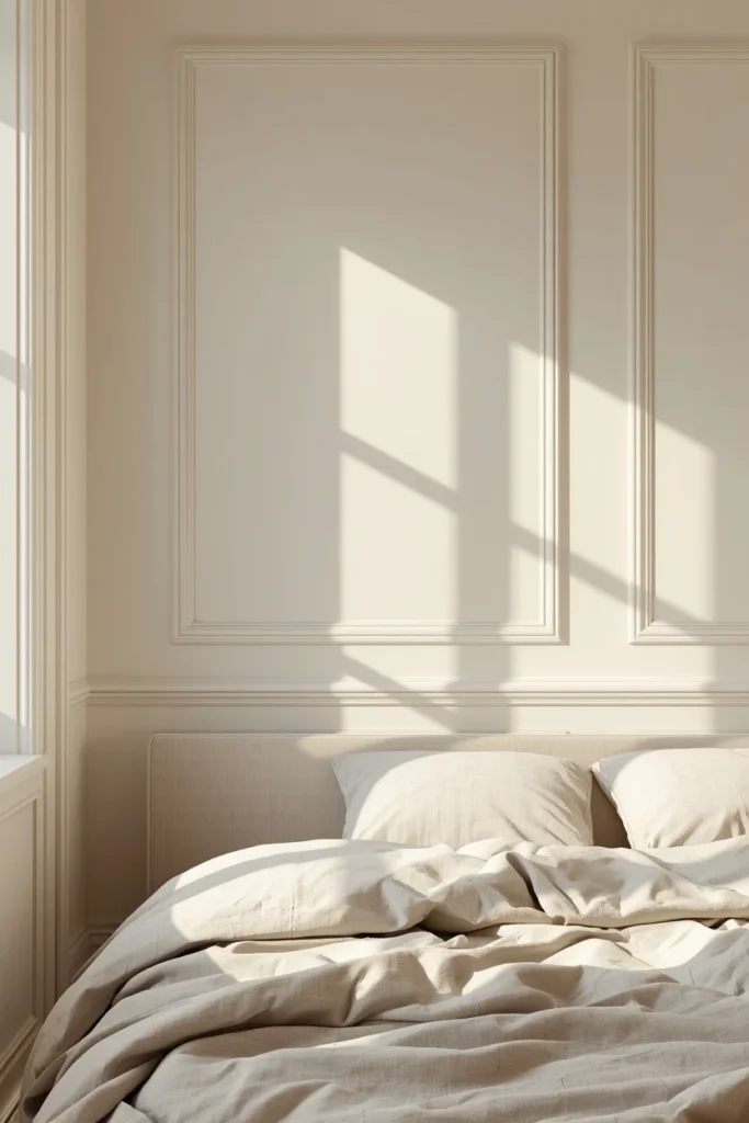  small bedroom, featuring elegant picture-frame wall molding painted the same soft warm white