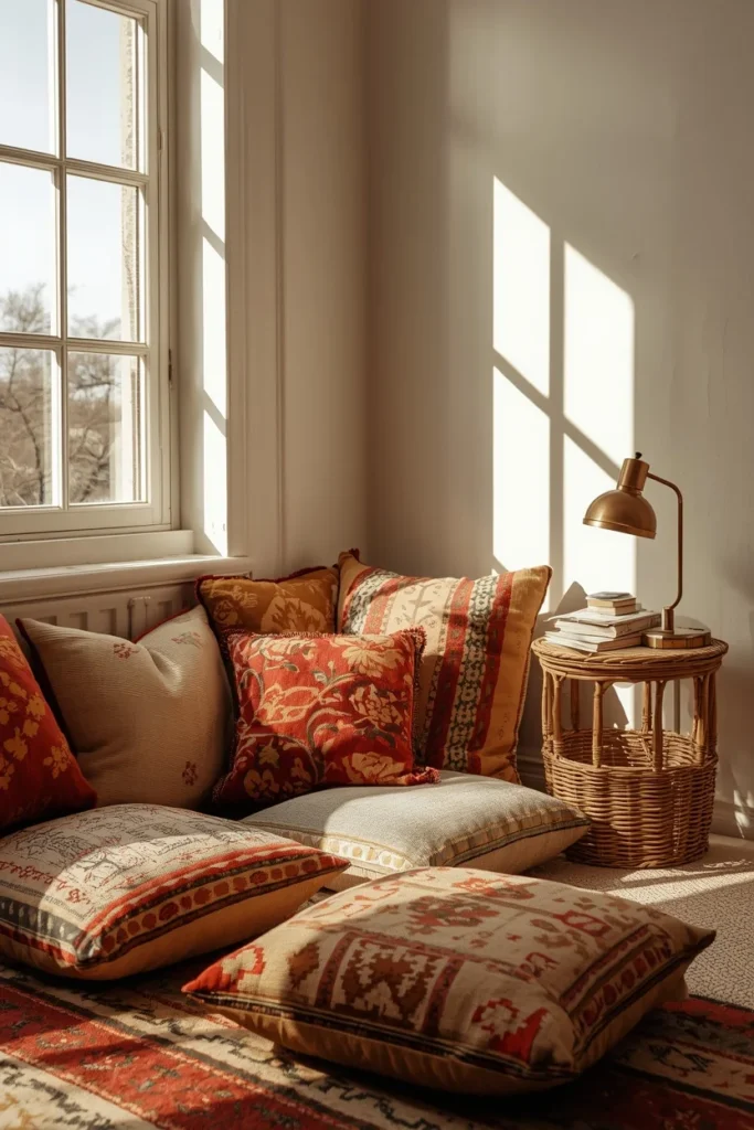 23 Afrobohemian Bedroom Ideas for Warm, Earthy, Soul-Filled Nights 22 bedroom reading nook, featuring a cluster of mudcloth and Ankara print floor cushions