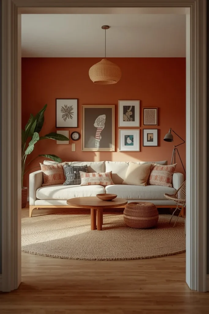  full room wide shot, featuring a neutral oatmeal linen sofa as the calm centerpiece