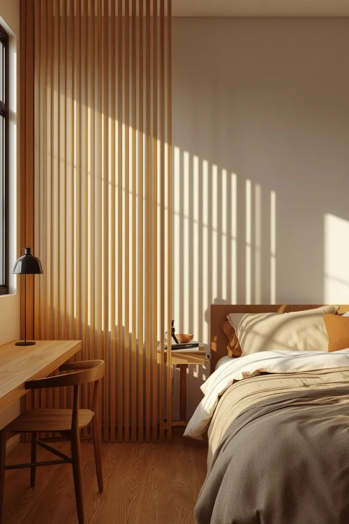 22 Beautiful Bedroom Ideas That Turn Your Room Into a Personal Sanctuary 22 bedroom, featuring a slatted wood room divider separating a small desk area from the bed