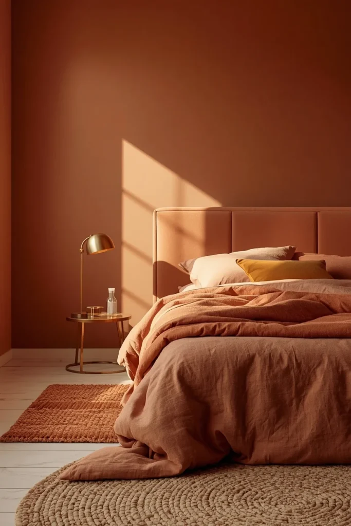 21 Bedroom Color Schemes That Make Your Room Feel Like a Boutique Hotel 22 Bedroom with monochrome terracotta tonal palette, terracotta matte walls