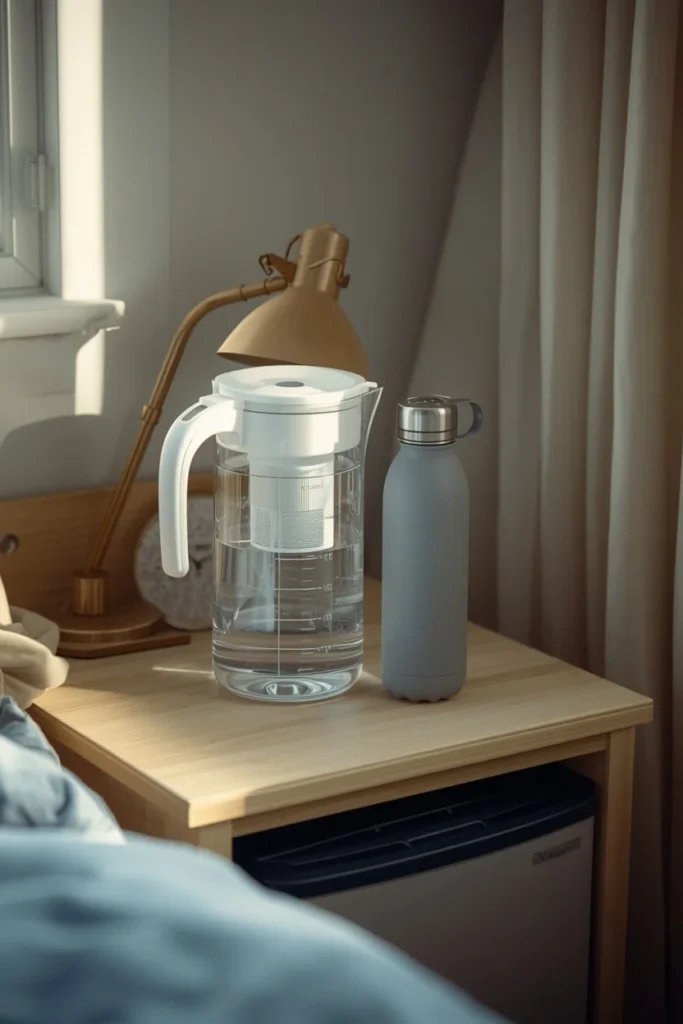 dorm room close-up, featuring a filtered water pitche