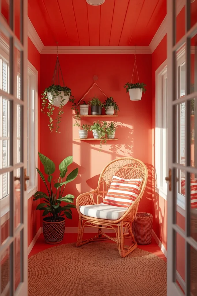 sunroom nook, featuring a bright coral ceiling and wall section, rattan chair with striped cushions