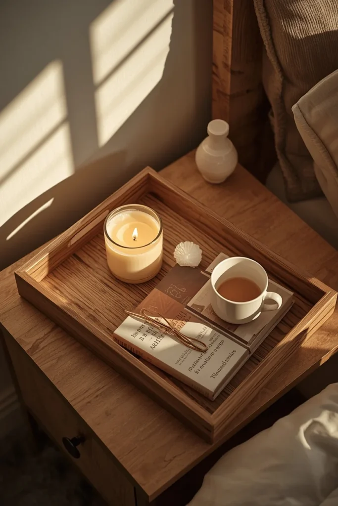 24 Cozy Bedroom Ideas That Make You Never Want to Leave Your Bed 22 bedroom nightstand close-up, featuring a wood tray