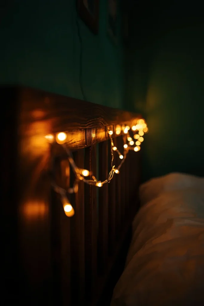  bedroom evening shot, featuring warm white string lights 