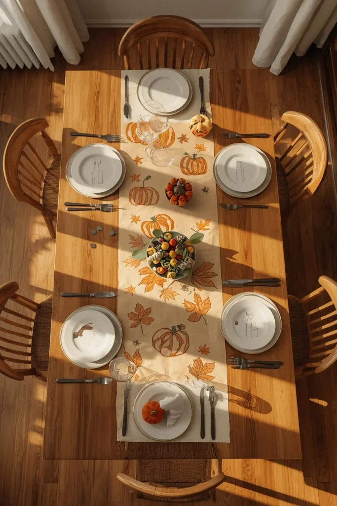 21 Fall Centerpiece Ideas That Take Minutes to Put Together (Easy + Budget-Friendly) 22 family dining scene, featuring a long sheet of butcher paper down a wooden table decorated