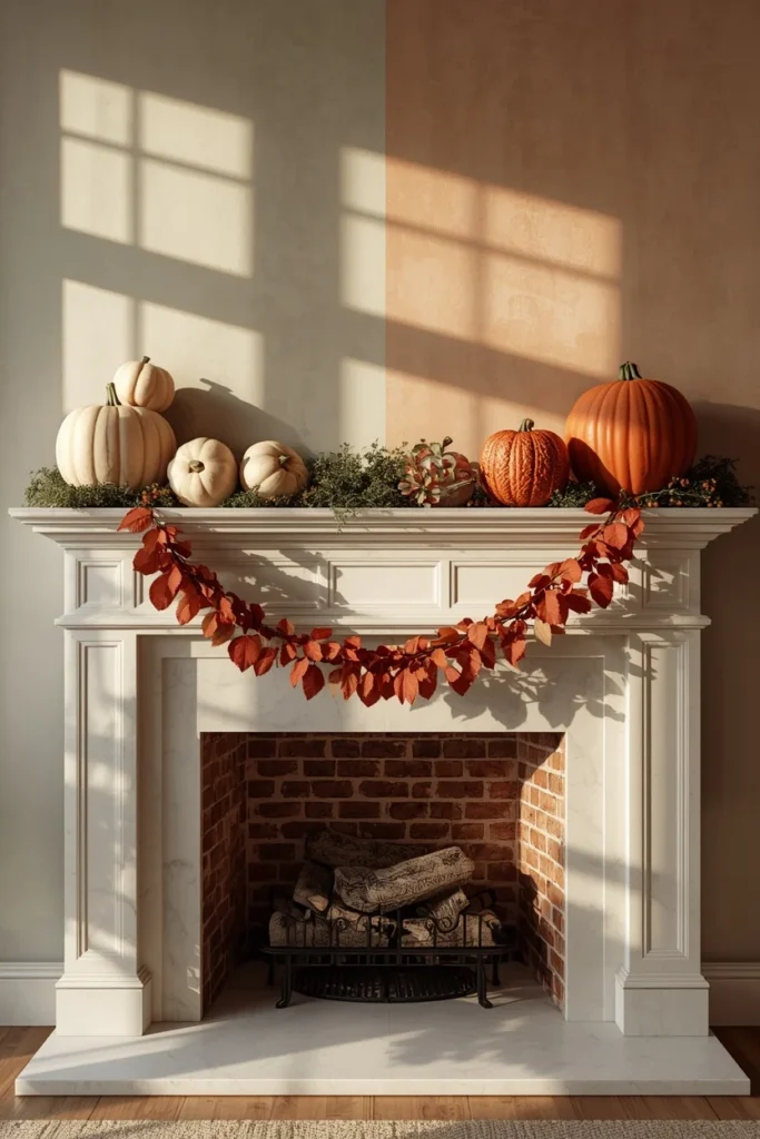 fireplace mantel, featuring a seasonal transition styling with pale cream pumpkins 