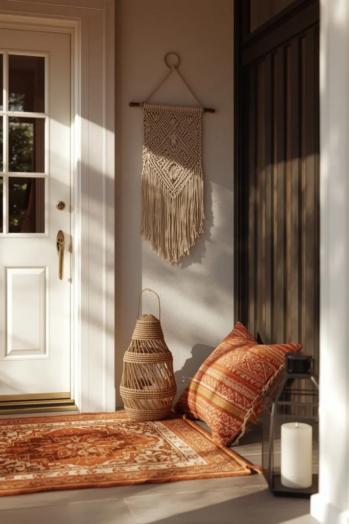 bohemian front porch, featuring a macrame wall hanging beside the door, 