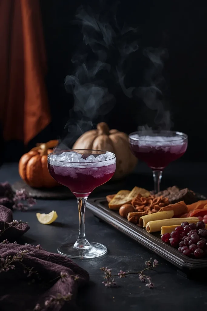 Halloween party table, featuring dark purple cocktails in coupe glasses with subtle dry-ice fog