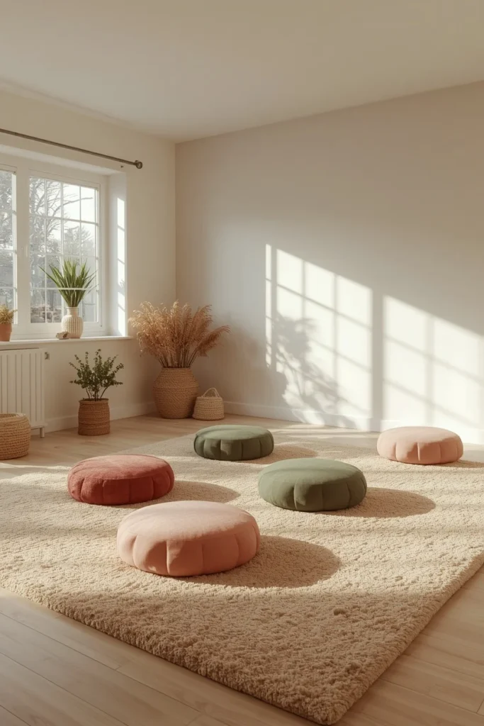 homeschool room, featuring a large soft rug with scattered floor cushions 