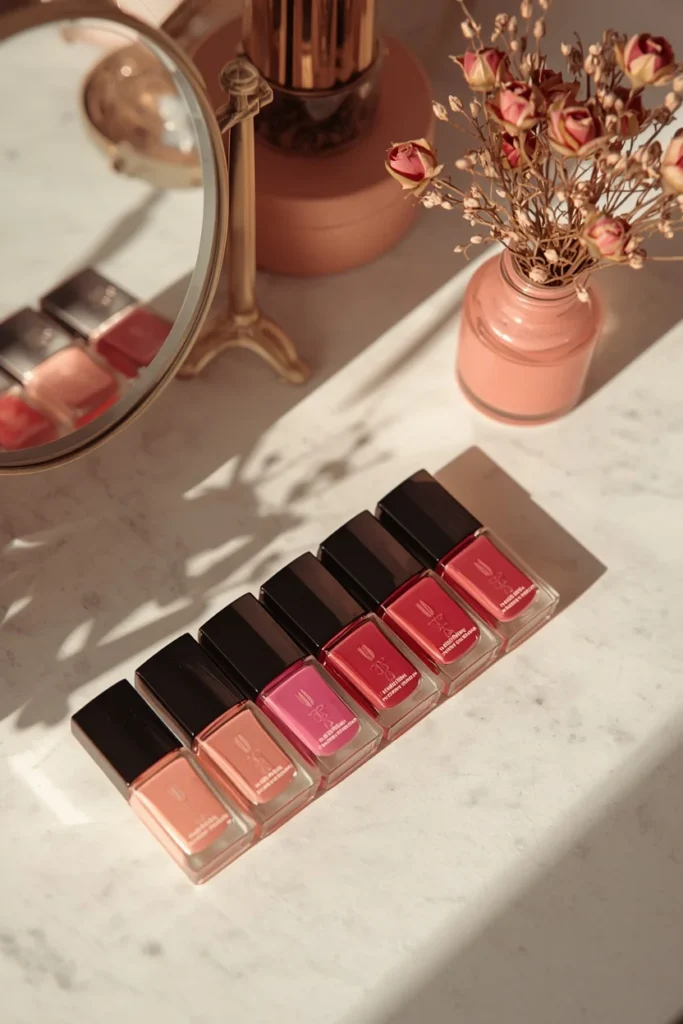 vanity styling shot, featuring a gradient row of pink nail polish bottles from pale blush