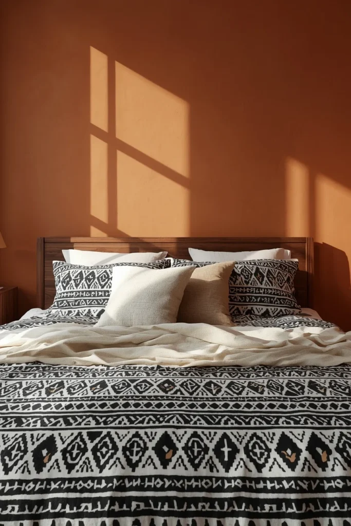 23 Afrobohemian Bedroom Ideas for Warm, Earthy, Soul-Filled Nights 23 bedroom, featuring a bed dressed in black-and-white high-contrast tribal